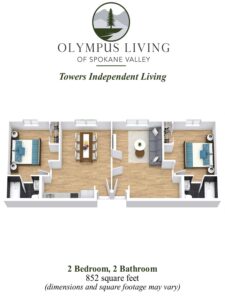 Floorplan of Towers Independent Living 2 bedroom, 2 bathroom, living room, dining room and kitchenette. 852 square feet.